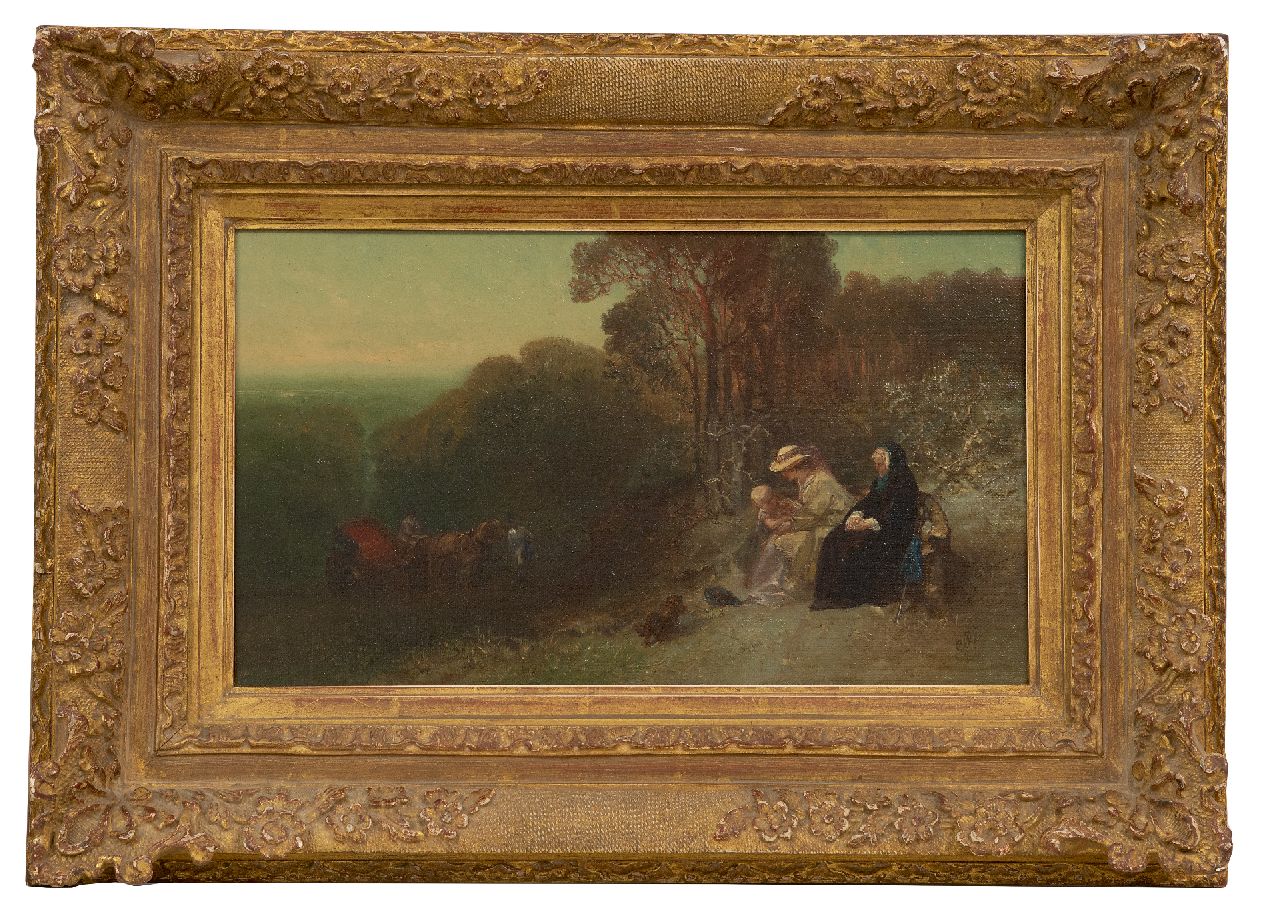 Rochussen Ch.  | Charles Rochussen | Schilderijen te koop aangeboden | Bezoek aan uitzichtpunt nabij het Loo: Helena van Nassau, haar dochter Emma en haar kleindochter koningin WIlhelmina, olieverf op doek 19,7 x 33,6 cm, gesigneerd rechtsonder met monogram en gedateerd '81