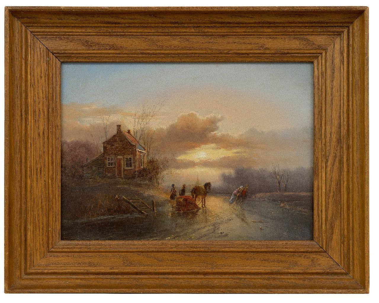 Morel II J.E.  | Jan Evert Morel II | Schilderijen te koop aangeboden | Paardenslee en schaatsers bij zonsondergang, olieverf op paneel 20,2 x 28,5 cm, gesigneerd rechtsonder