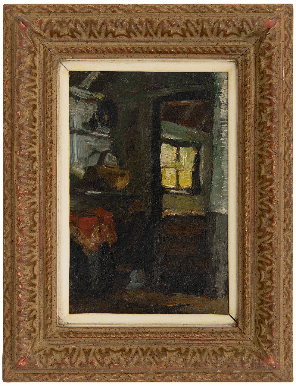 Zwart W.H.P.J. de | Wilhelmus Hendrikus Petrus Johannes 'Willem' de Zwart | Schilderijen te koop aangeboden | Boereninterieur, olieverf op doek op board 17,0 x 11,0 cm, gesigneerd linksonder met initialen