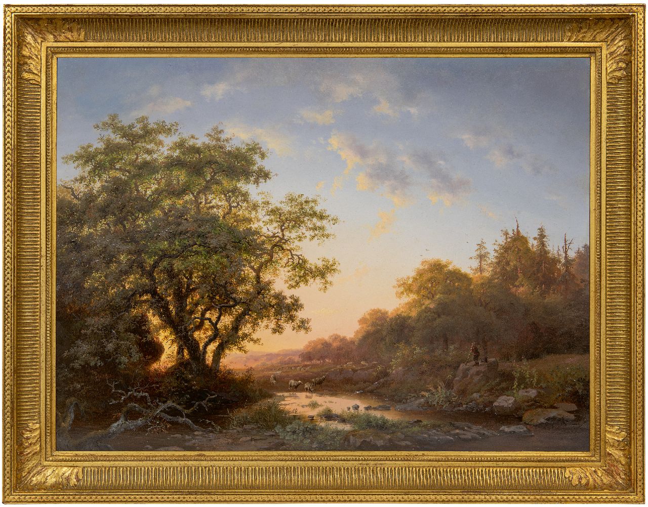 Kruseman F.M.  | Frederik Marinus Kruseman | Schilderijen te koop aangeboden | Schaapsherder en kudde bij ondergaande zon, olieverf op paneel 47,8 x 64,3 cm, gesigneerd rechtsonder en gedateerd 1855