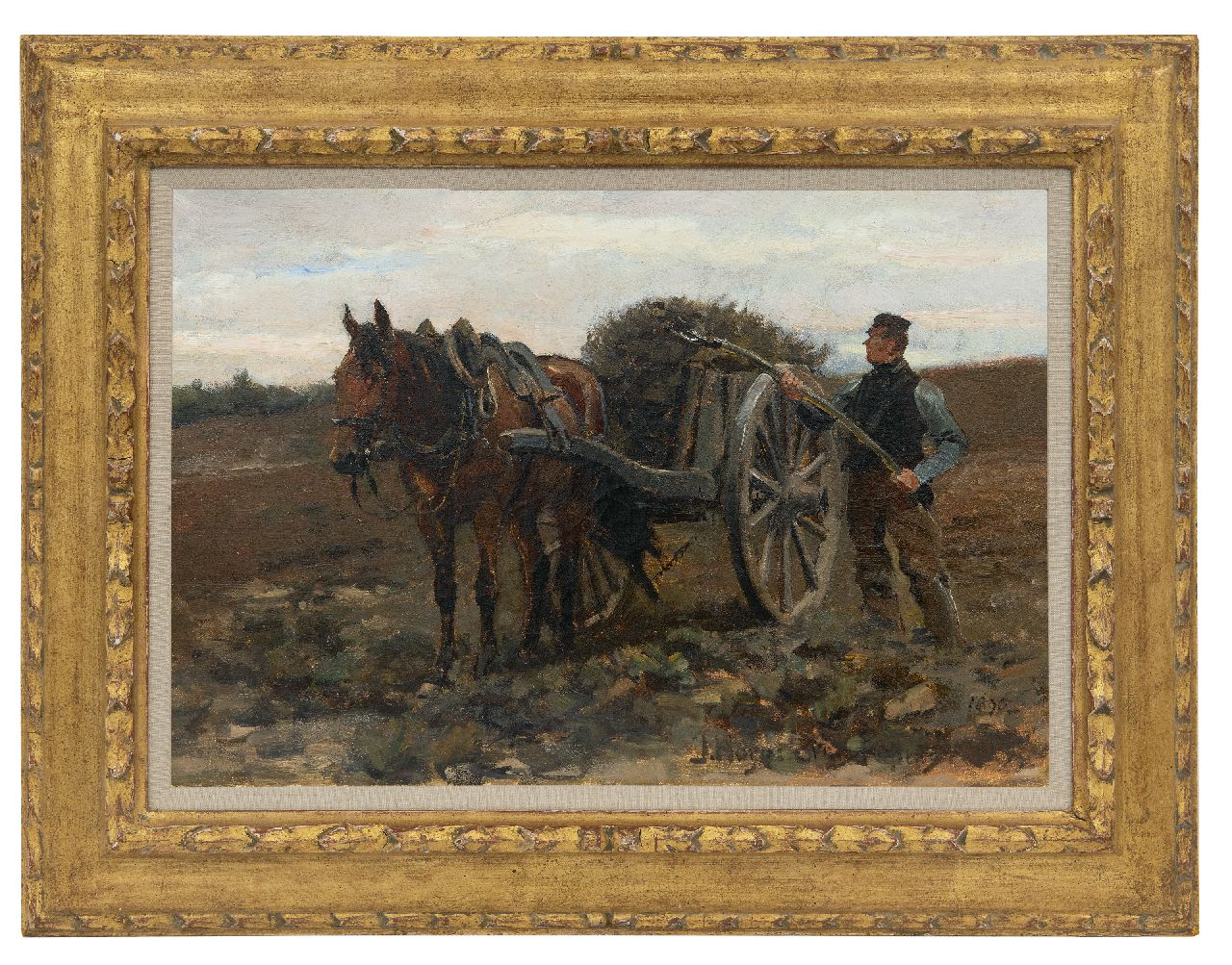 Hoynck van Papendrecht J.  | Jan Hoynck van Papendrecht | Paintings offered for sale | A farmer with horse and cart in the fields, oil on canvas 32.6 x 48.9 cm, signed l.r. and on a label on the stretcher and dated 1890