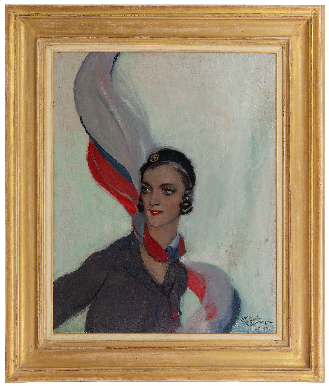 Domergue J.G.  | Jean-Gabriel Domergue | Schilderijen te koop aangeboden | Jonge vrouw met gekleurde sjaal, olieverf op doek 82,5 x 65,0 cm, gesigneerd rechtsonder en gedateerd '32