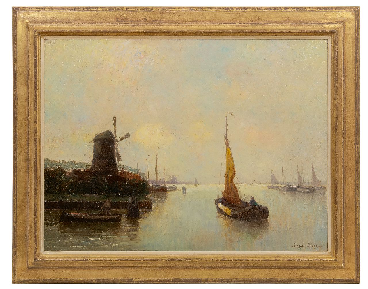 Grobe P.G.  | Philipp 'German' Grobe | Schilderijen te koop aangeboden | Molen aan de stadsrand met haven en zeilboot, olieverf op doek 60,0 x 80,5 cm, gesigneerd rechtsonder
