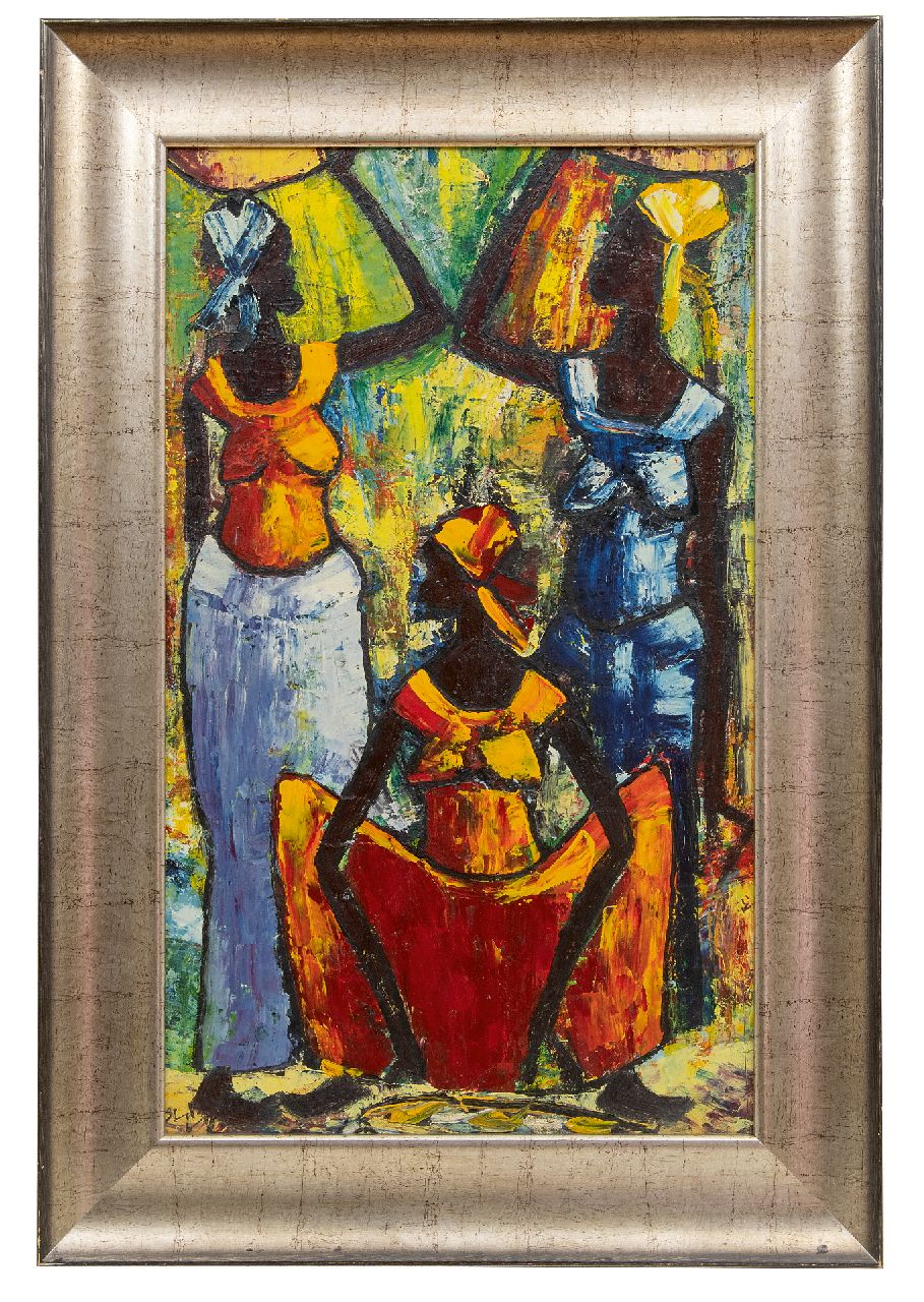 Jespers E.  | Emile Jespers | Schilderijen te koop aangeboden | Afrikaanse dames 'Porteuses congolaises', olieverf op board 56,0 x 34,0 cm, gesigneerd linksonder