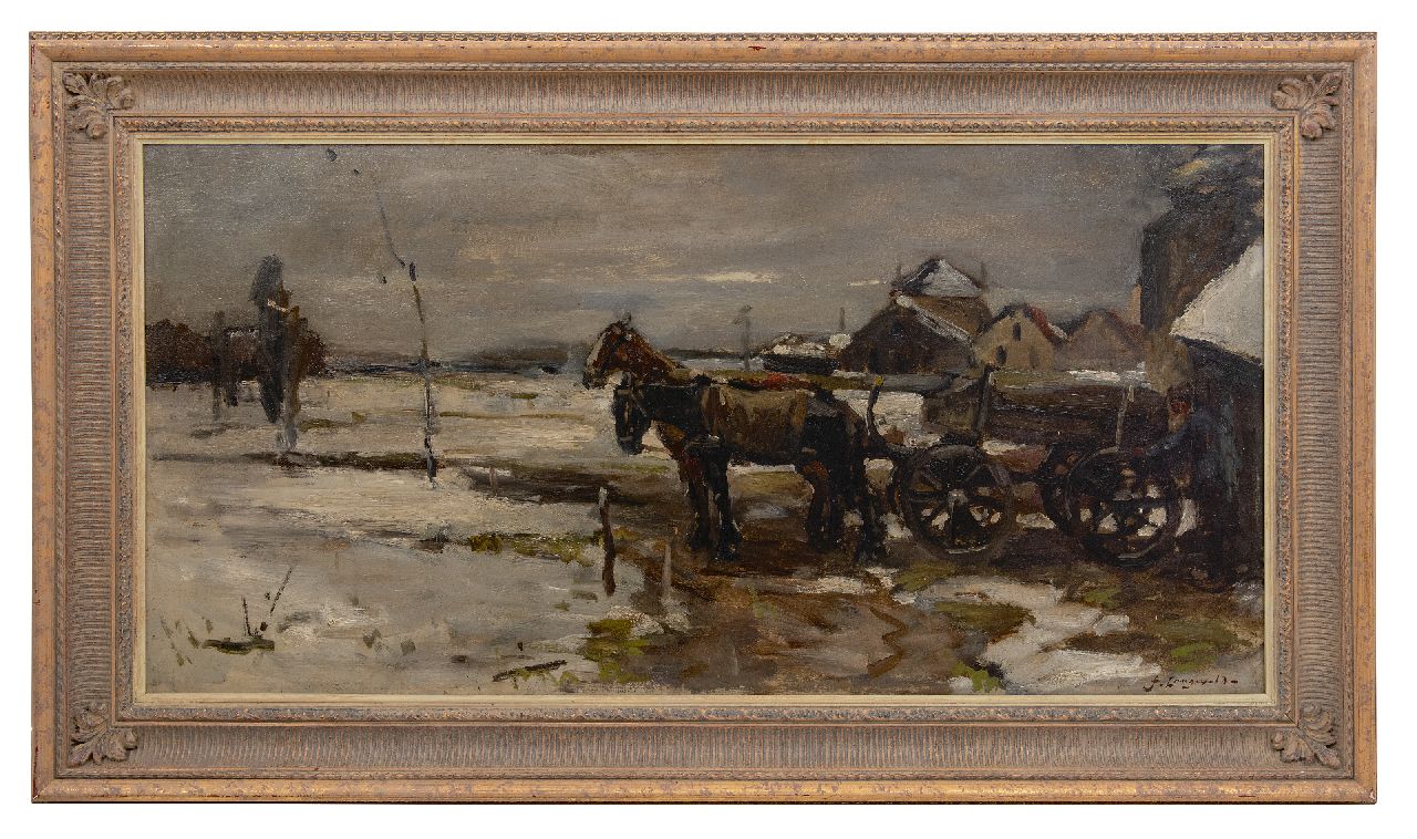 Langeveld F.A.  | Franciscus Arnoldus 'Frans' Langeveld | Schilderijen te koop aangeboden | Paard en wagen in de sneeuw, olieverf op doek 60,5 x 121,5 cm, gesigneerd rechtsonder