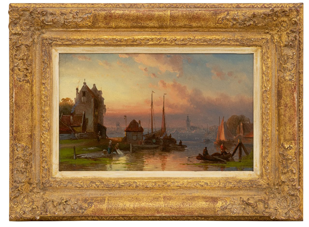 Leickert C.H.J.  | 'Charles' Henri Joseph Leickert | Schilderijen te koop aangeboden | Bedrijvigheid op de rivier bij zonsondergang, olieverf op paneel 16,3 x 26,3 cm, gesigneerd linksonder