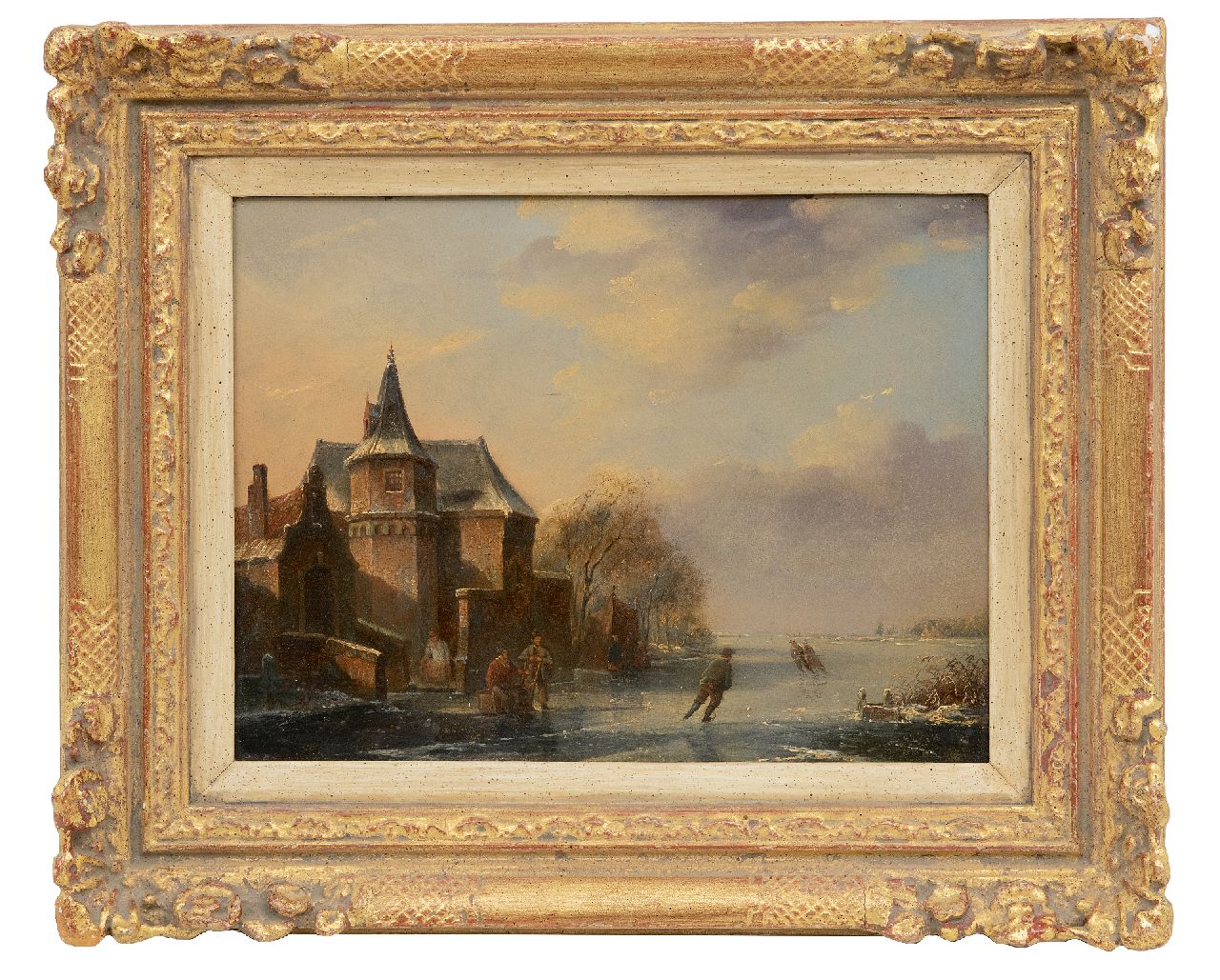 Parré M.  | Matthias Parré | Schilderijen te koop aangeboden | Schaatsers op een vaart nabij Slot Moyland (toegeschreven aan), olieverf op paneel 24,2 x 31,2 cm