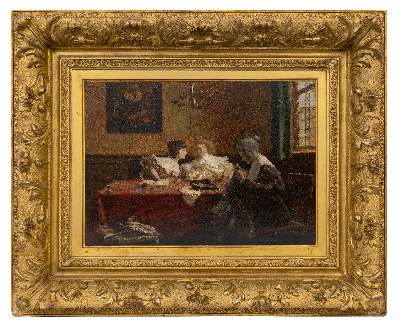 Dake C.L.  | Carel Lodewijk Dake | Schilderijen te koop aangeboden | Drie vrouwen in een interieur, olieverf op paneel 34,9 x 49,1 cm, gesigneerd rechtsonder en gedateerd 1908