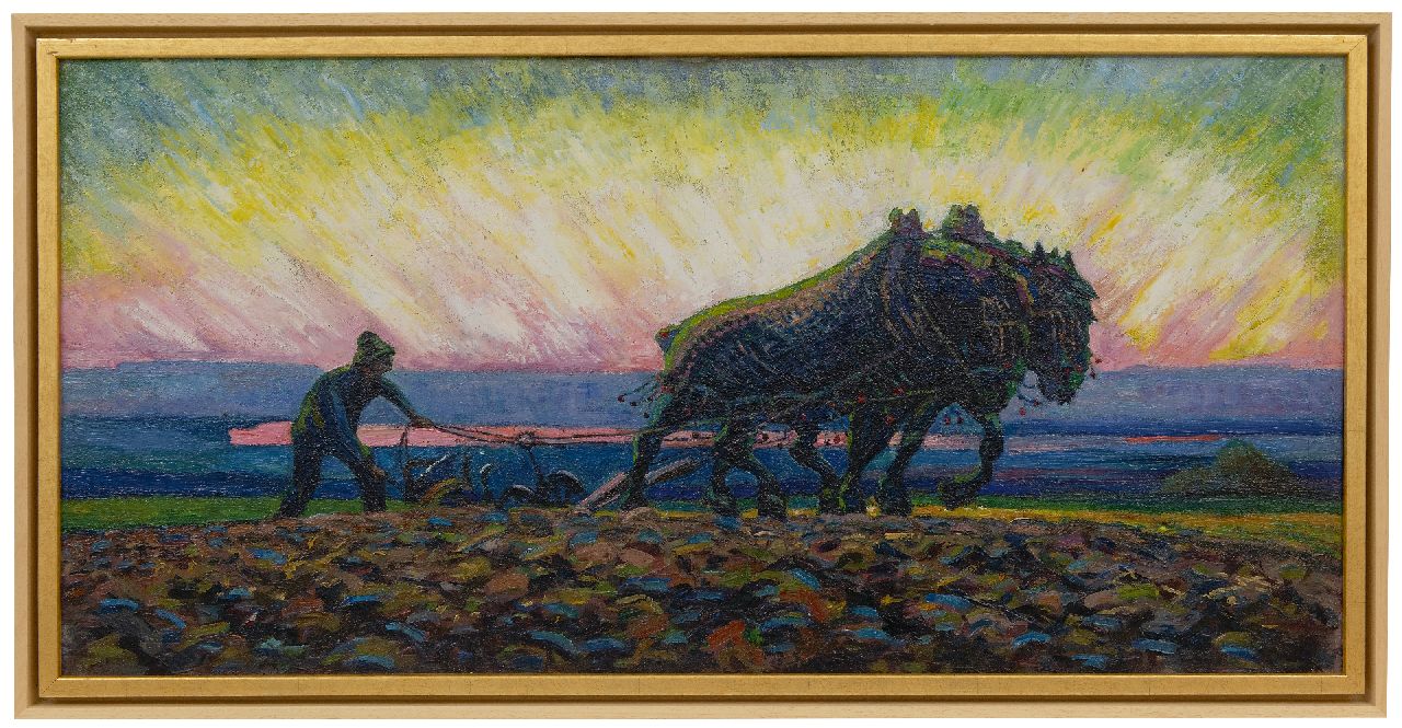 Gouwe A.H.  | Adriaan Herman Gouwe, Plowing horses at sunrise, oil on canvas 47.9 x 98.9 cm