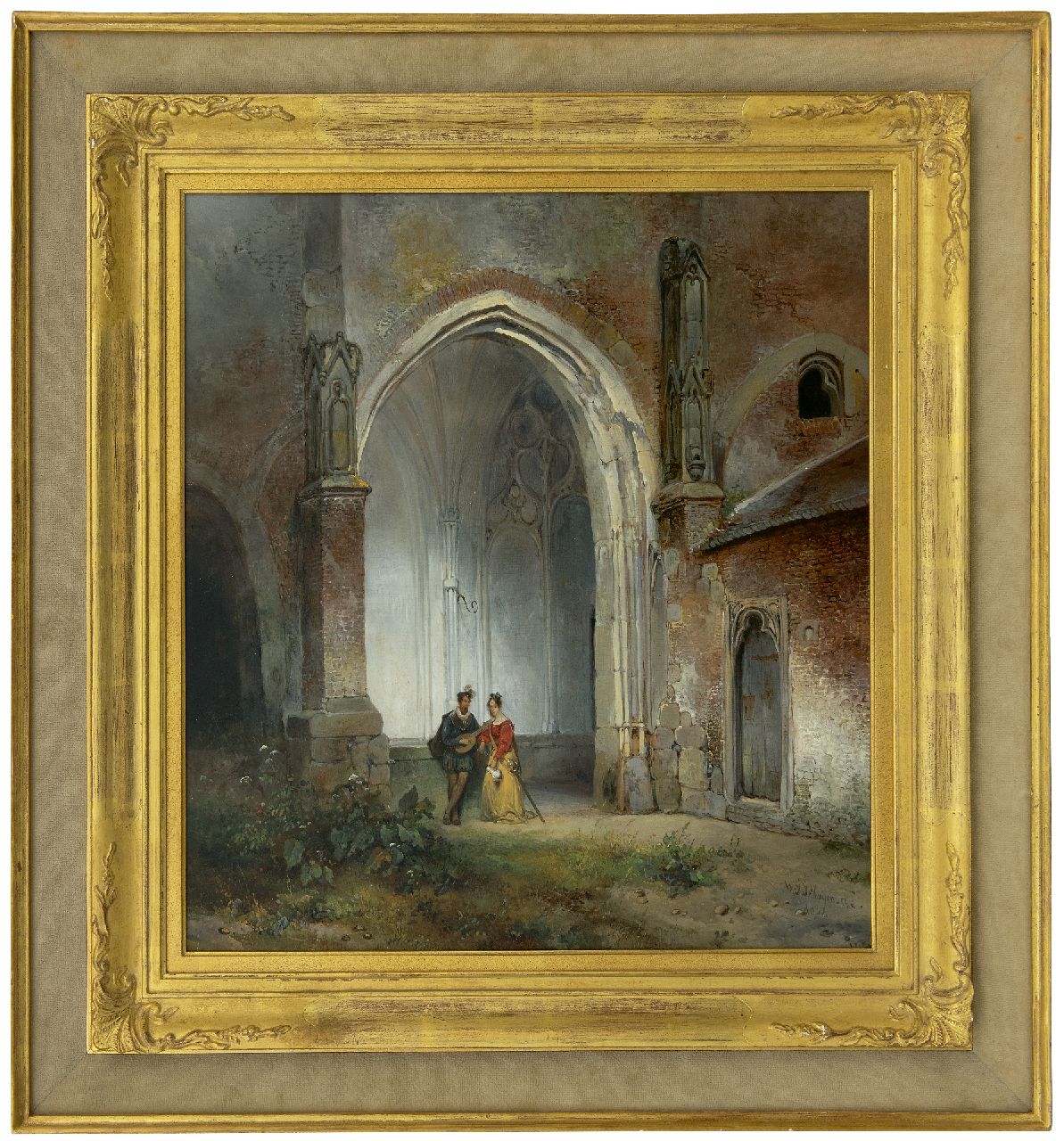 Nuijen W.J.J.  | Wijnandus Johannes Josephus 'Wijnand' Nuijen | Paintings offered for sale | A man and woman in the cloister of the Dom Church in Utrecht, oil on panel 49.0 x 44.8 cm, signed l.r. and dated 1832