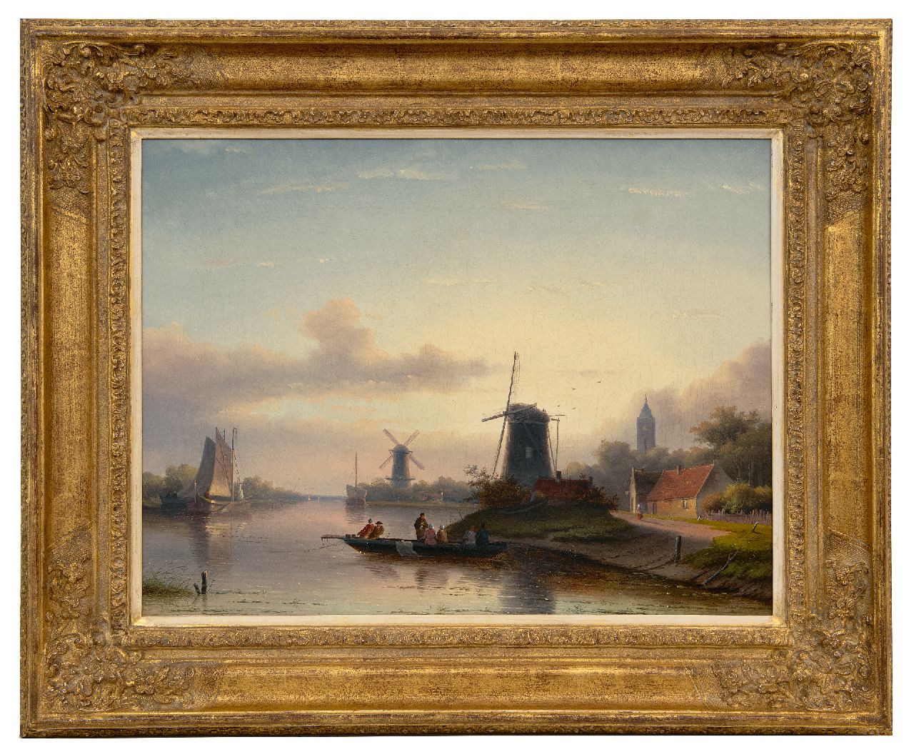 Spohler J.J.C.  | Jacob Jan Coenraad Spohler | Schilderijen te koop aangeboden | Zomers rivierlandschap met overzetveer (pendant van Winterlandschap), olieverf op doek 43,8 x 58,0 cm, gesigneerd rechtsonder en gedateerd 1857