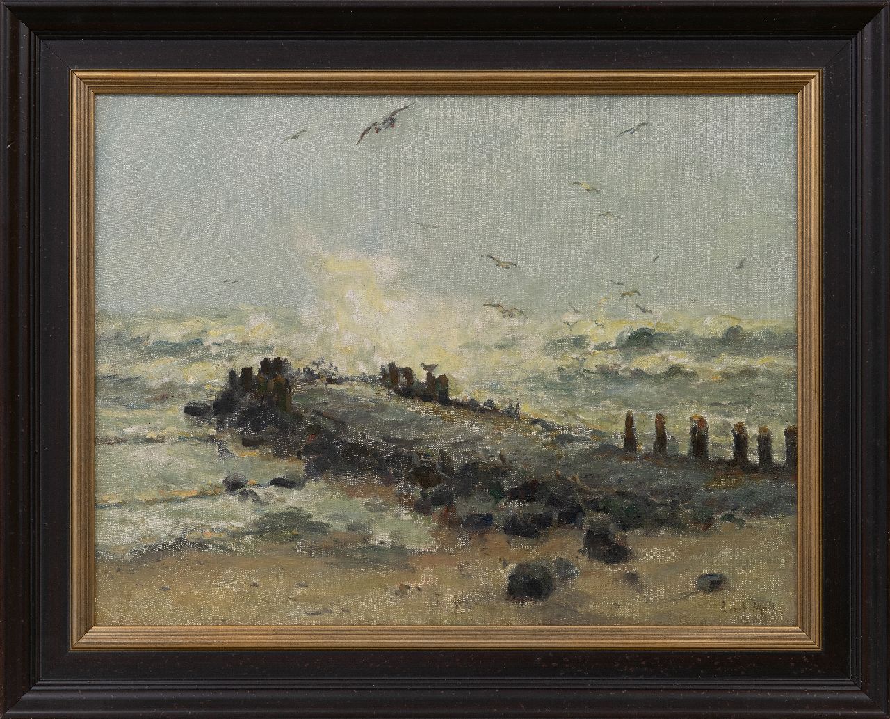 Moll E.  | Evert Moll | Paintings offered for sale | A breakwater in a storm, oil on canvas 39.0 x 51.4 cm, signed l.r. and without frame