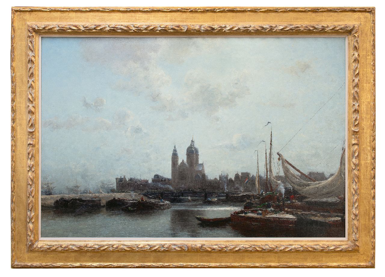 Wijsmuller J.H.  | Jan Hillebrand Wijsmuller | Schilderijen te koop aangeboden | Amsterdams havengezicht met de St. Nicolaaskerk, olieverf op doek 99,5 x 149,8 cm, gesigneerd rechtsonder