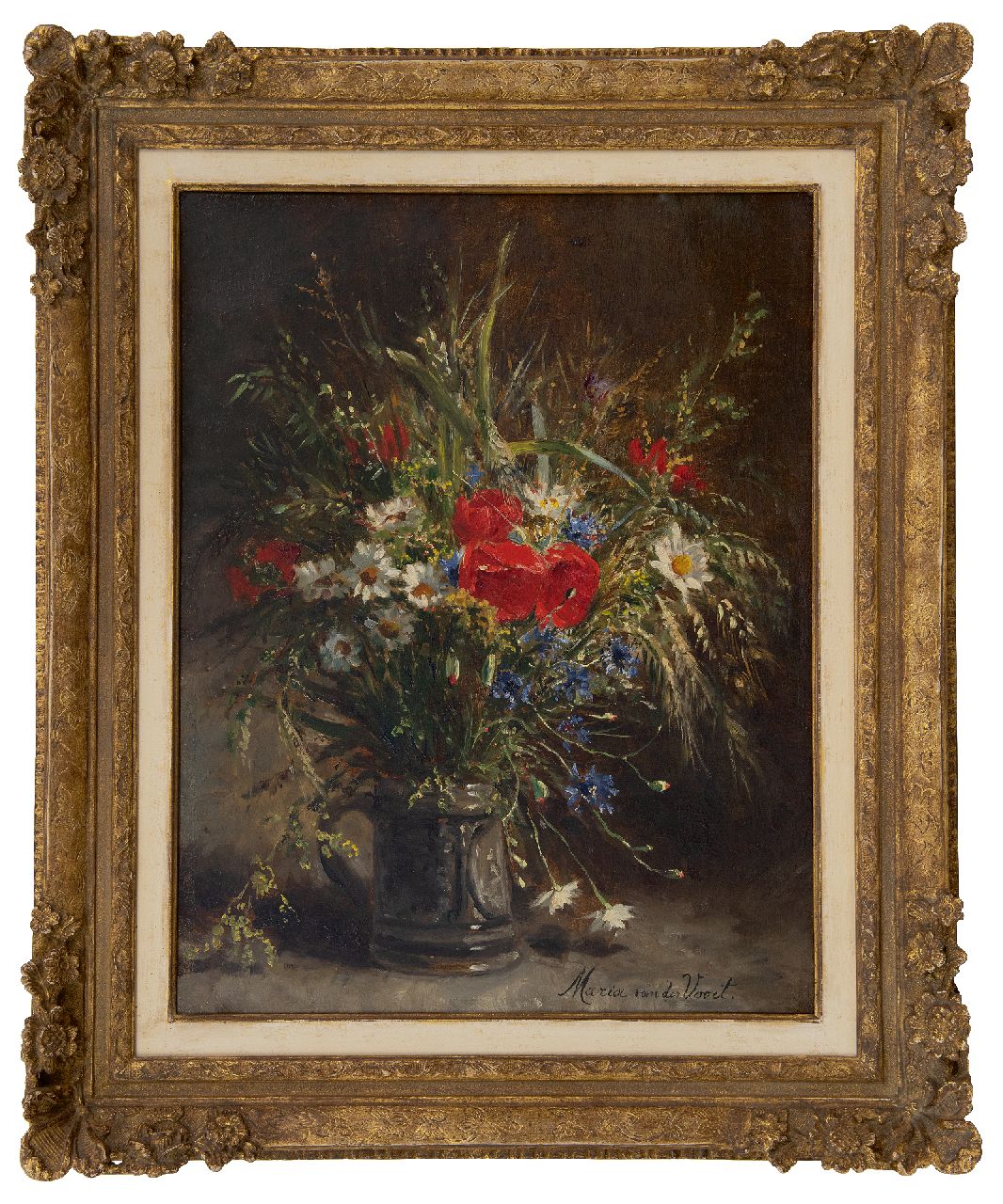 Voort in de Betouw-Nourney M. van der | Maria van der Voort in de Betouw-Nourney | Schilderijen te koop aangeboden | Veldboeket in stenen bierpul, olieverf op doek 53,8 x 41,5 cm, gesigneerd rechtsonder