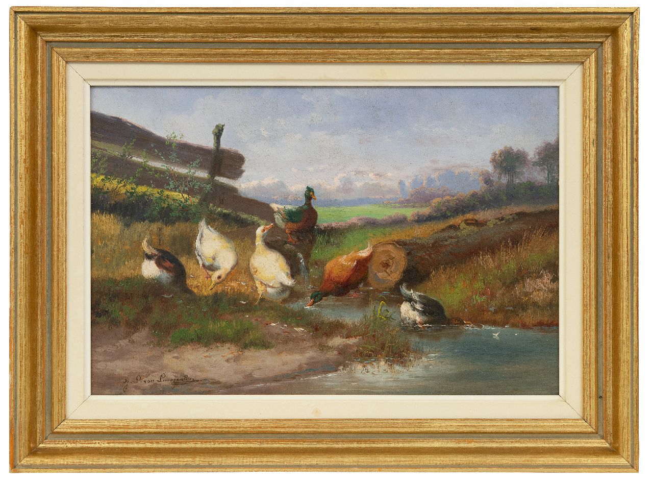 Leemputten J.L. van | Jef Louis van Leemputten, Eenden aan het water, olieverf op doek 24,0 x 36,5 cm, gesigneerd linksonder