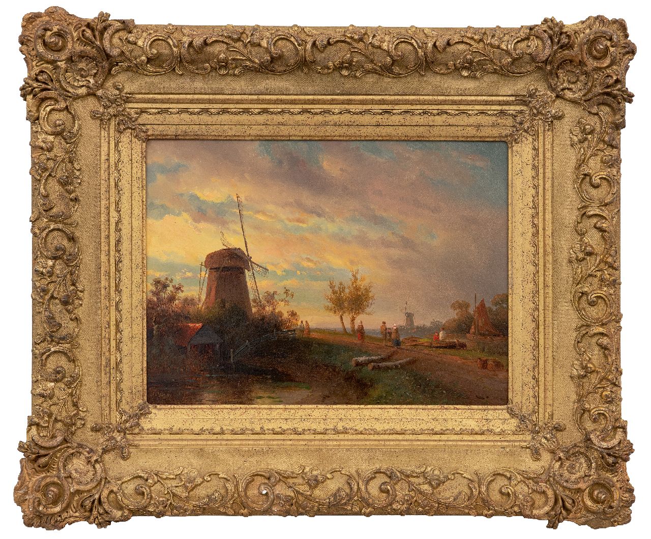Vrolijk J.A.  | Jacobus 'Adriaan' Vrolijk | Schilderijen te koop aangeboden | Molens en figuren in een landschap, olieverf op paneel 24,0 x 30,5 cm, gesigneerd linksonder