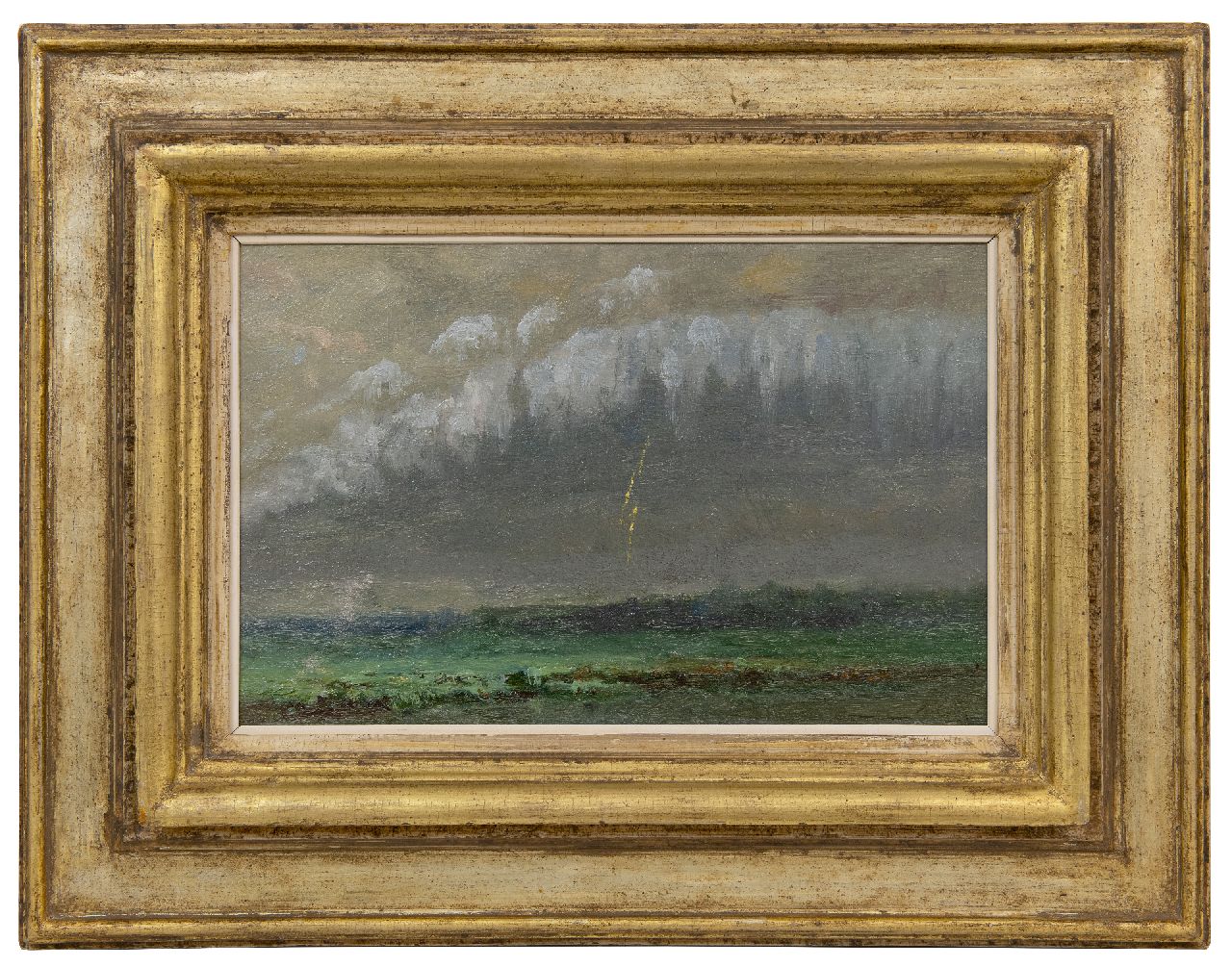 Europese School, 19e eeuw   | Europese School, 19e eeuw | Schilderijen te koop aangeboden | Onweer boven een weidelandschap, olieverf op schildersboard 20,4 x 31,8 cm, gesigneerd rechtsonder (vaag)