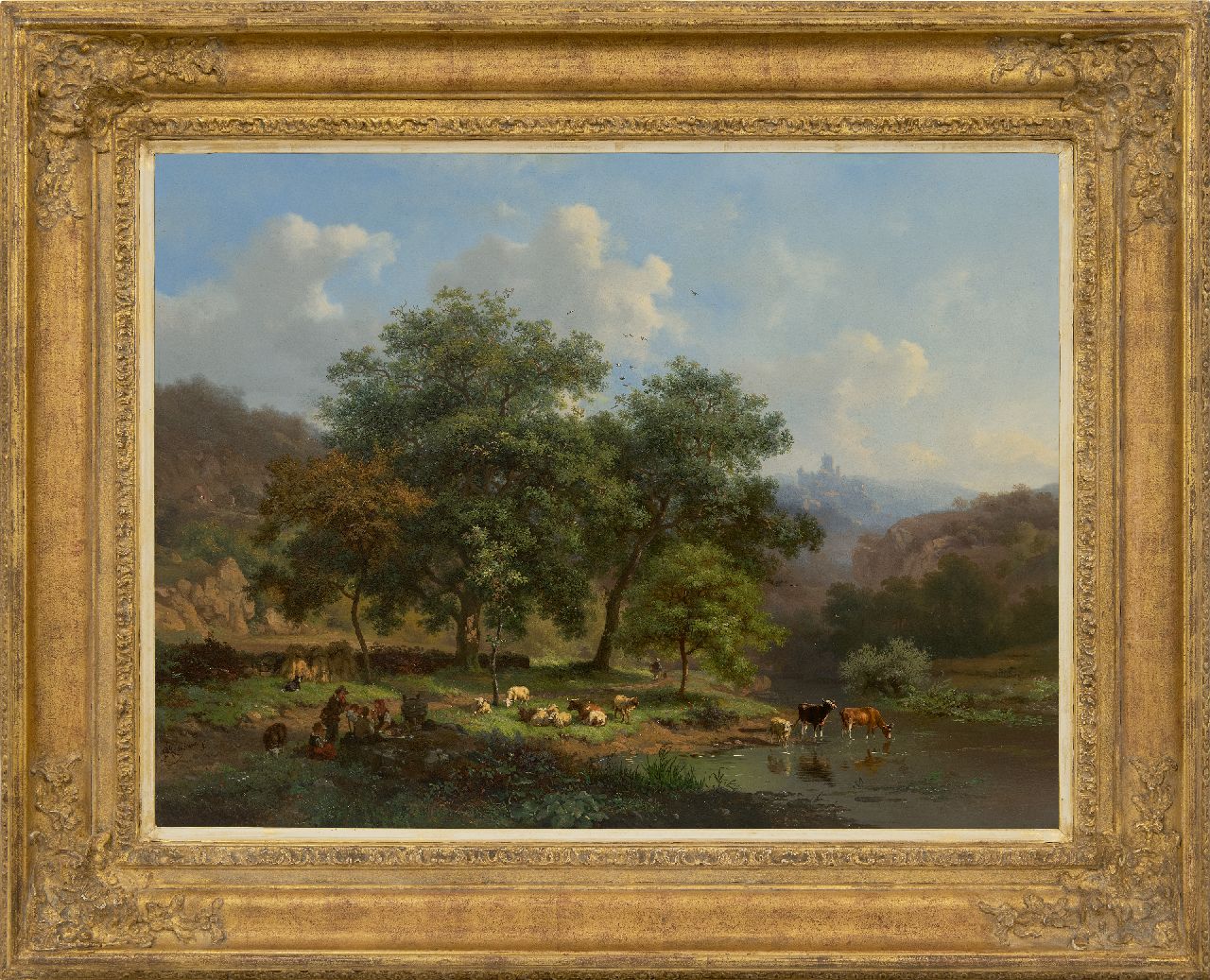 Kruseman F.M.  | Frederik Marinus Kruseman | Schilderijen te koop aangeboden | Zomerlandschap met rustend landvolk en vee bij een rivier, olieverf op paneel 48,1 x 64,4 cm, gesigneerd linksonder