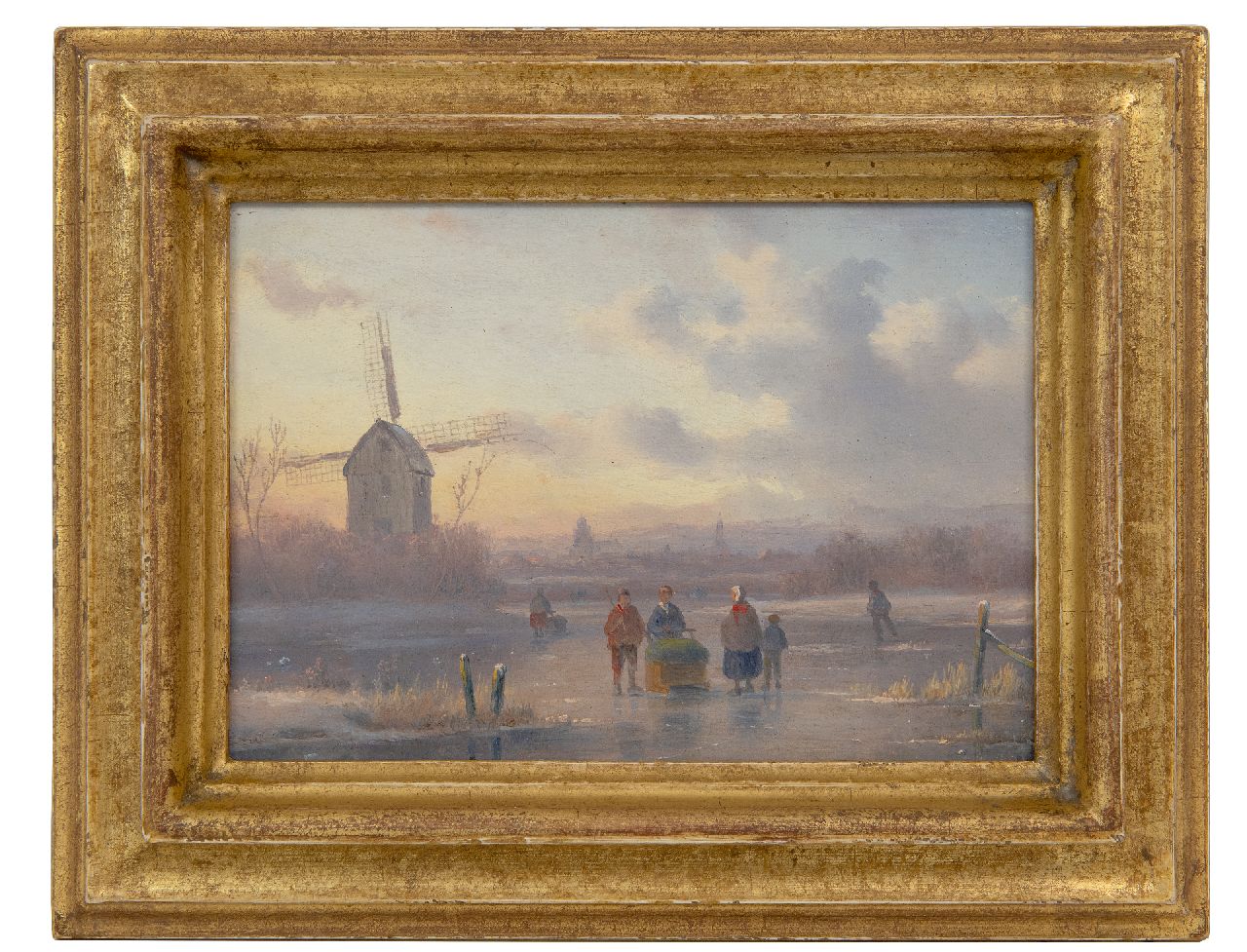 Ahrendts C.E.  | Carl Eduard Ahrendts | Schilderijen te koop aangeboden | Figuren op het ijs bij zonsondergang, olieverf op paneel 14,7 x 21,0 cm