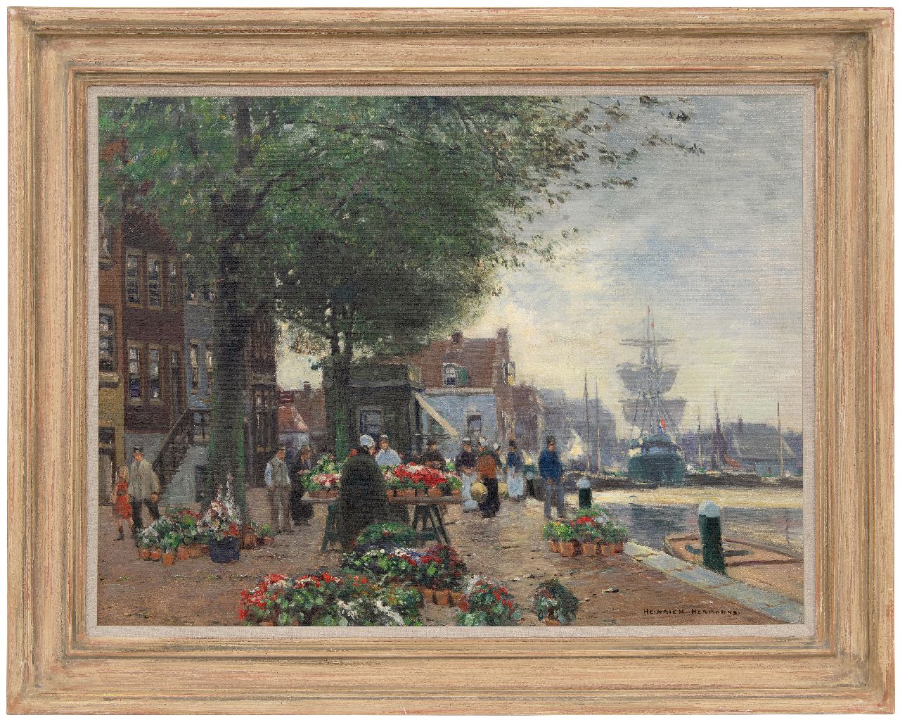 Hermanns H.  | Heinrich Hermanns | Paintings offered for sale | Flower market on a harbor quay, oil on canvas 60.5 x 80.7 cm, signed l.r.