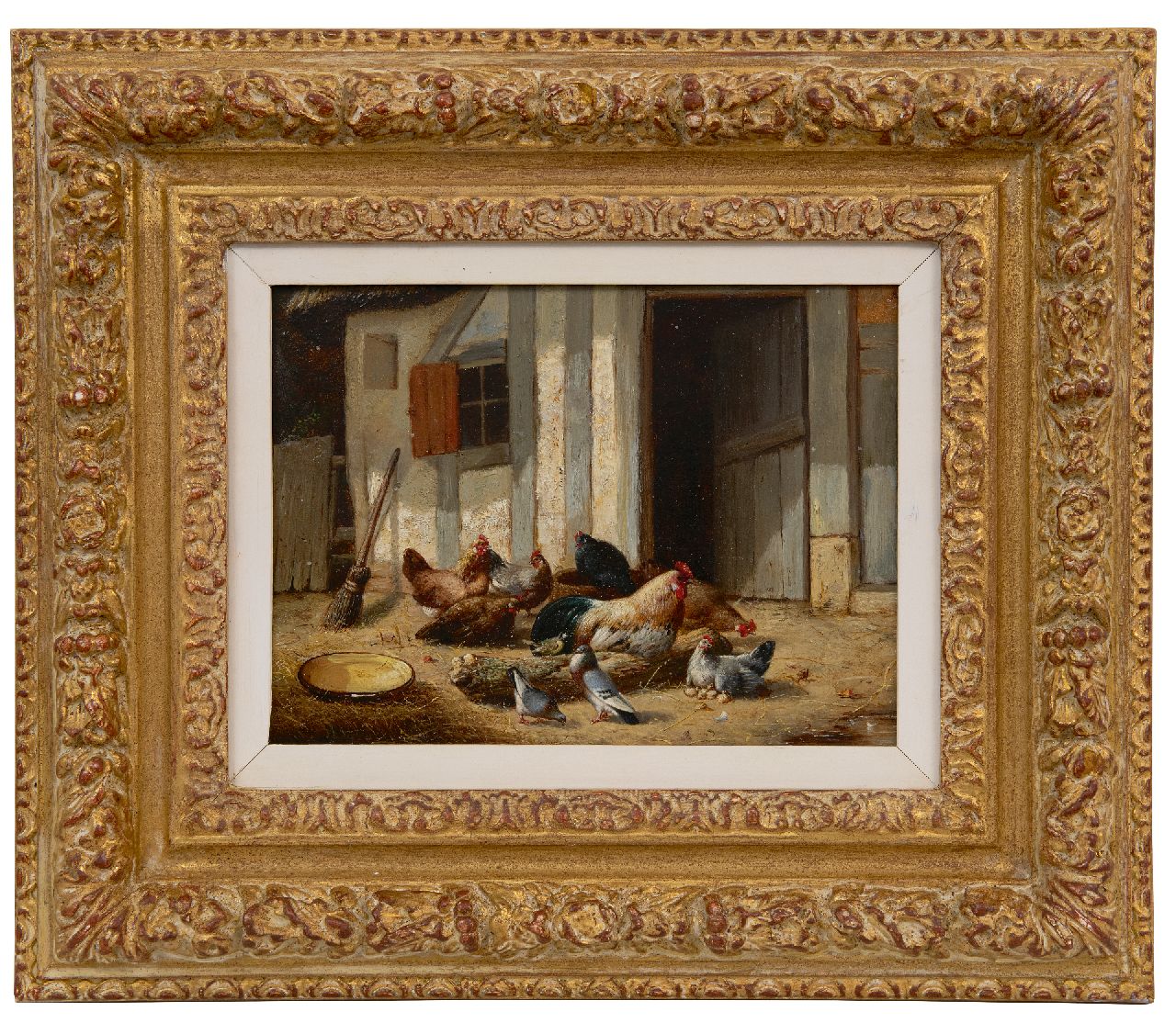 Maes E.R.  | Eugène Remy Maes | Schilderijen te koop aangeboden | Haan en kippen op het boerenerf, olieverf op paneel 17,8 x 24,0 cm, 1860