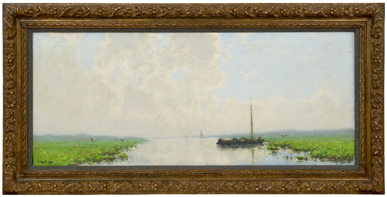 Kuijpers C.  | Cornelis Kuijpers | Paintings offered for sale | Moored barge in a wide river landscape, oil on canvas 45.7 x 108.6 cm, signed l.l.