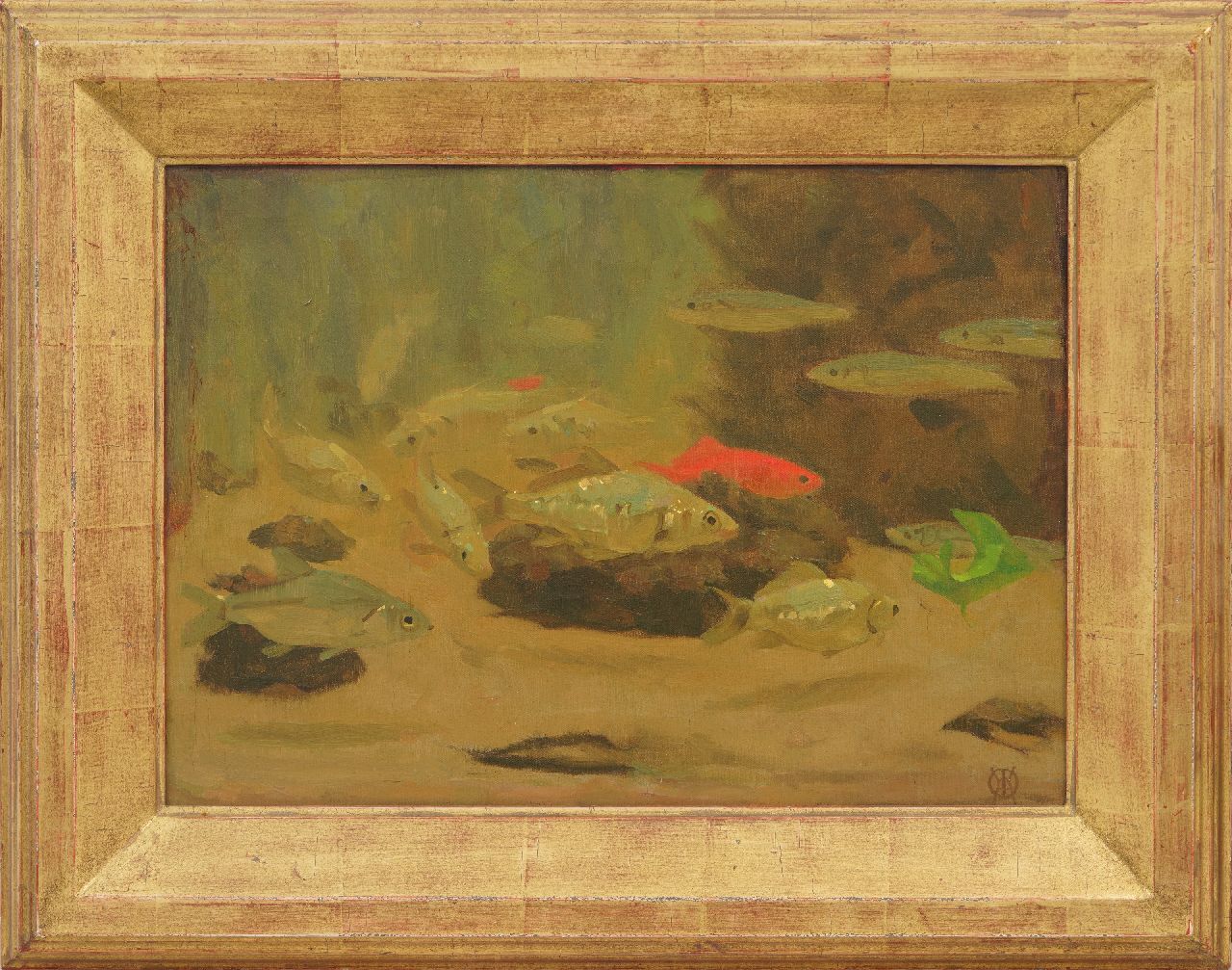 Dijsselhof G.W.  | Gerrit Willem Dijsselhof, Fish in the Artis aquarium, oil on canvas 28.7 x 39.9 cm, signed l.r. with monogram