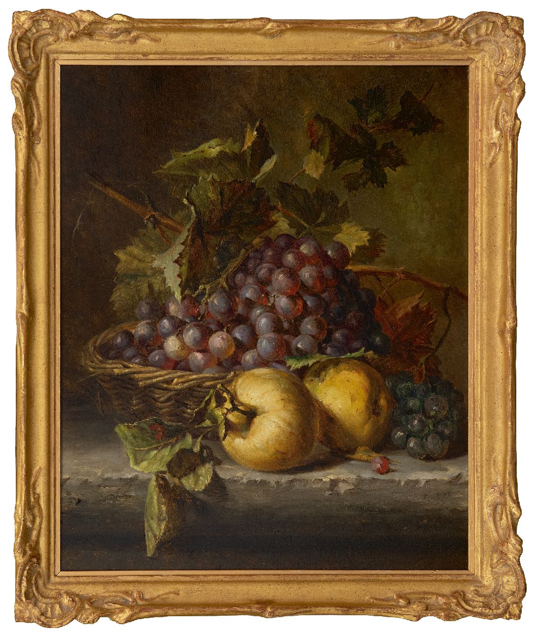 Haanen A.J.  | 'Adriana' Johanna Haanen | Schilderijen te koop aangeboden | Stilleven met druiven in een rieten mandje, olieverf op paneel 44,0 x 35,7 cm, gesigneerd rechtsonder vaag en zonder lijst