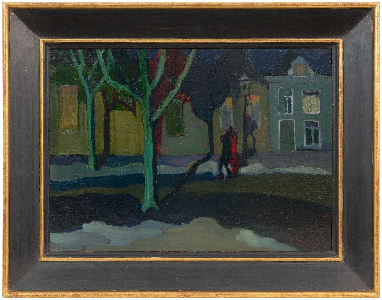 Martens G.G.  | Gijsbert 'George' Martens | Schilderijen te koop aangeboden | Gearmd paar op het Groningse Kattendiep bij avond, olieverf op paneel 31,0 x 42,5 cm, gesigneerd verso en te dateren ca. 1925