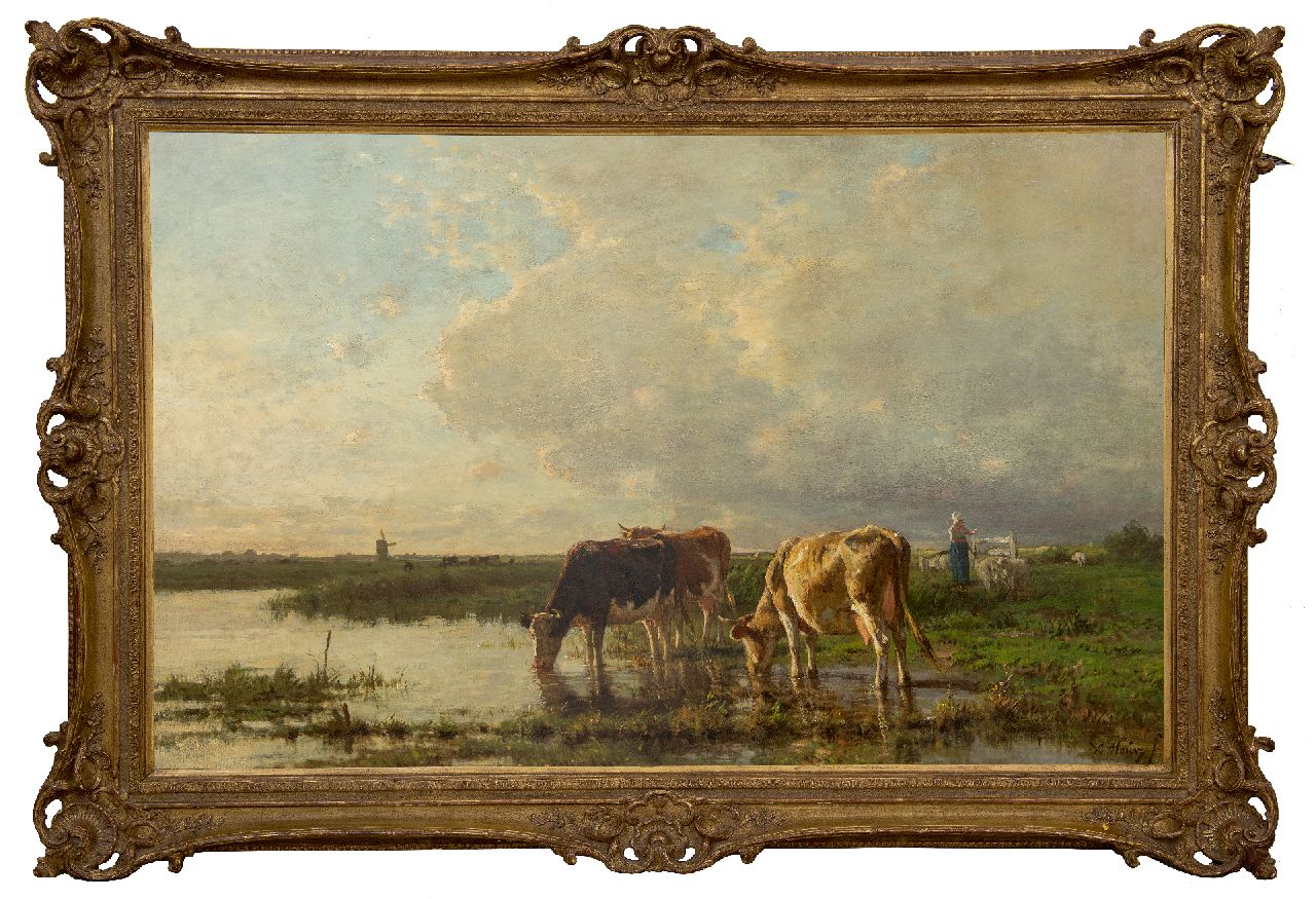 Mauve A.  | Anthonij 'Anton' Mauve | Paintings offered for sale | Drinking cattle by the river, oil on canvas 84.8 x 134.8 cm, signed l.r.