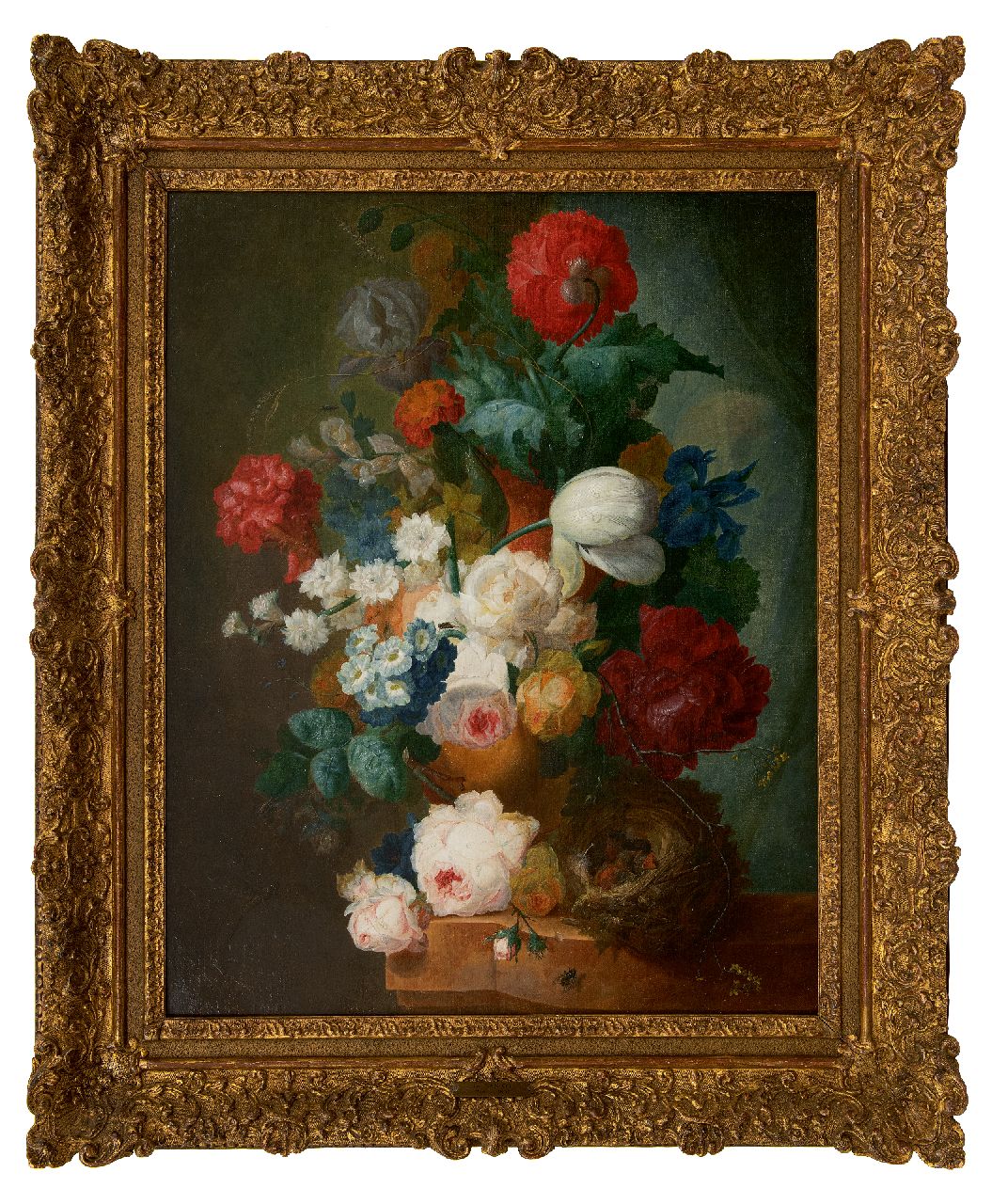 Os J. van | Jan van Os | Paintings offered for sale | Still life with roses, poppies and bird's nest, oil on canvas 66.3 x 55.0 cm, signed l.l. (bears feaded  signature) and circa 1765