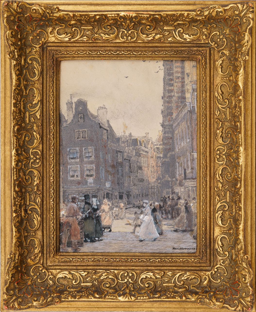 Herrmann J.E.R.  | Johann Emil Rudolf 'Hans' Herrmann | Aquarellen en tekeningen te koop aangeboden | Stadsgezicht in Amsterdam, krijt en aquarel op papier op board 34,1 x 24,5 cm, gesigneerd rechtsonder