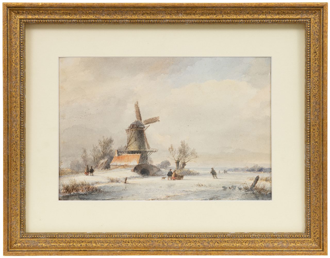 Kleijn L.J.  | Lodewijk Johannes Kleijn | Watercolours and drawings offered for sale | Snowy landscape with skater and sledge on a frozen river, watercolour on paper 17.6 x 26.4 cm, signed on the reverse