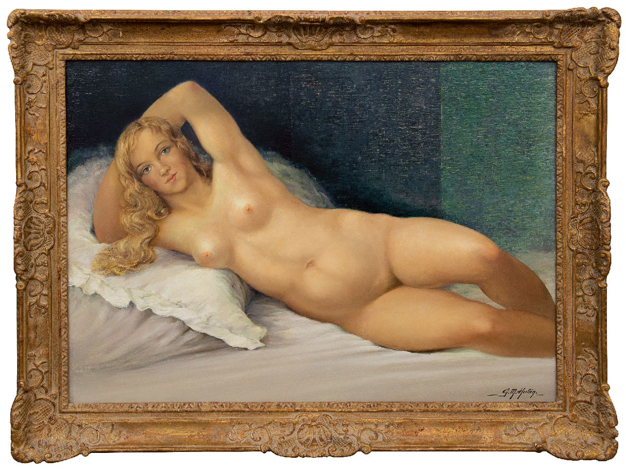 Hubin G.M.  | Gilbert Maurice Hubin | Paintings offered for sale | Reclining nude, oil on canvas 74.0 x 102.2 cm, signed l.r.