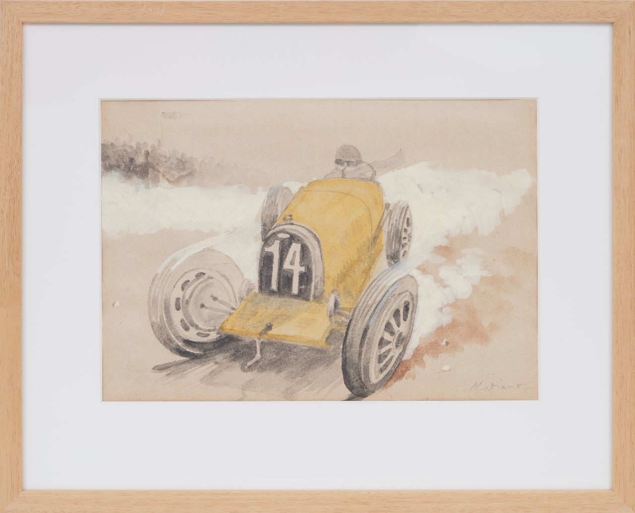 Onbekend   | Onbekend | Aquarellen en tekeningen te koop aangeboden | Raceauto nr. 14 in actie  (set van 5), potlood, aquarel en gouache op papier 19,7 x 29,1 cm, gesigneerd rechtsonder