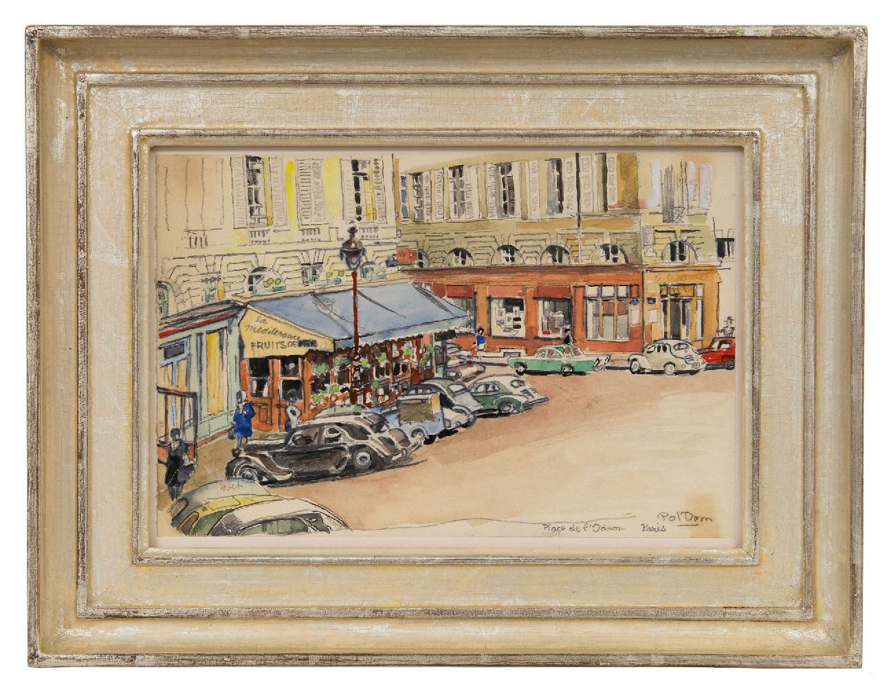 Dom P.L.C.  | Paulus Ludovicus Carolus 'Pol' Dom | Watercolours and drawings offered for sale | Place de l'Odéon in Paris, with vintage cars, pencil, pen, ink and watercolour on paper 16.3 x 24.6 cm, signed l.r.