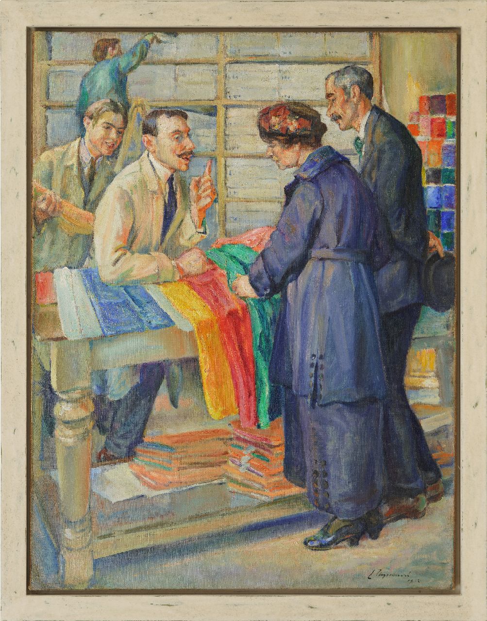 Thysebaert E.  | Emile Thysebaert | Schilderijen te koop aangeboden | In de stoffenwinkel, olieverf op doek 109,2 x 83,0 cm, gesigneerd rechtsonder en gedateerd 1903