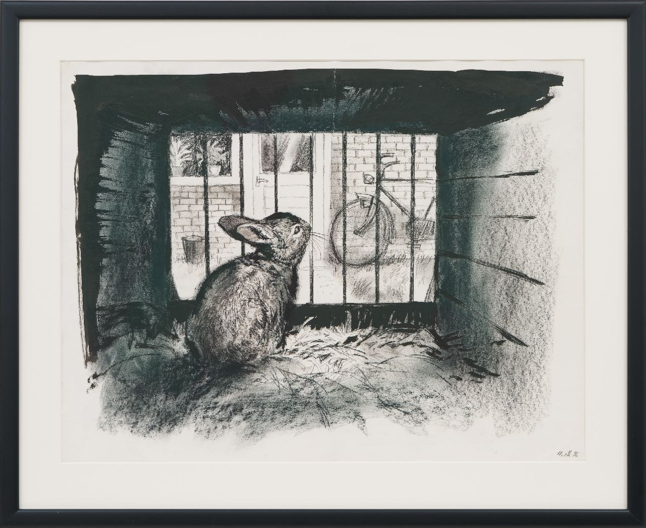 Poortvliet R.  | Rien Poortvliet, Konijntje in hok, houtskool en inkt op papier 50,0 x 64,8 cm