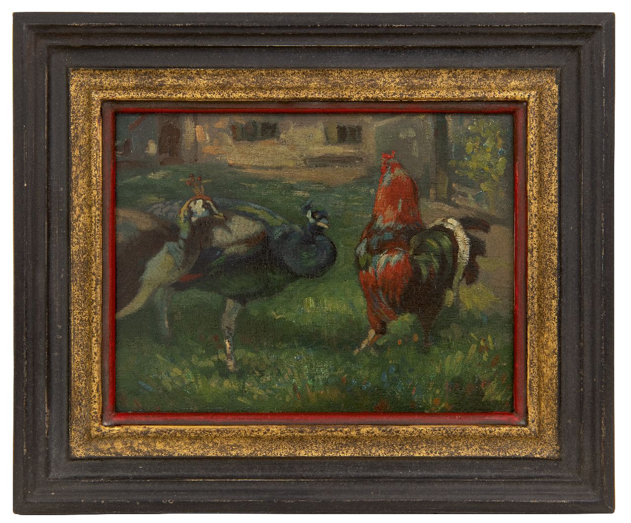 Moor P.C. de | Pieter Cornelis de Moor | Schilderijen te koop aangeboden | Twee pauwen en een haan, olieverf op paneel 18,0 x 24,0 cm, gesigneerd rechtsonder en zonder lijst