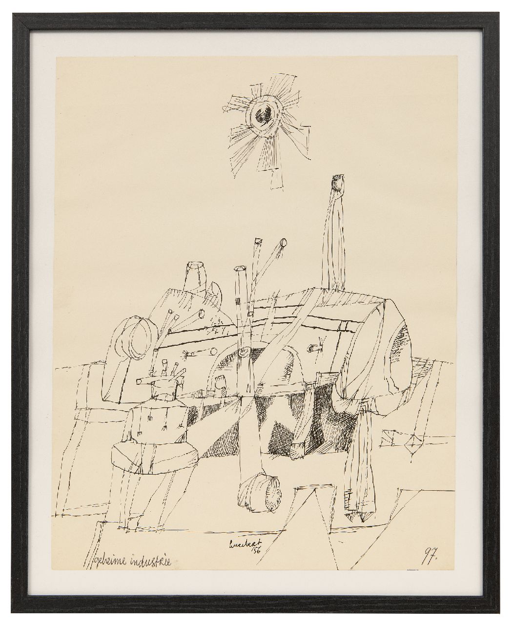 Lucebert (Lubertus Jacobus Swaanswijk) | Lucebert (Lubertus Jacobus Swaanswijk) | Aquarellen en tekeningen te koop aangeboden | Geheime industrie, pen en inkt op papier 26,9 x 20,9 cm, gesigneerd middenonder en gedateerd '56, zonder lijst Lucebert (Lubertus Jacobus Swaanswijk) | Lucebert (Lubertus Jacobus Swaanswijk) | Aquarellen en tekeningen te koop aangeboden | Geheime industrie, pen en inkt op papier 26,9 x 20,9 cm, gesigneerd middenonder en gedateerd '56, zonder lijst