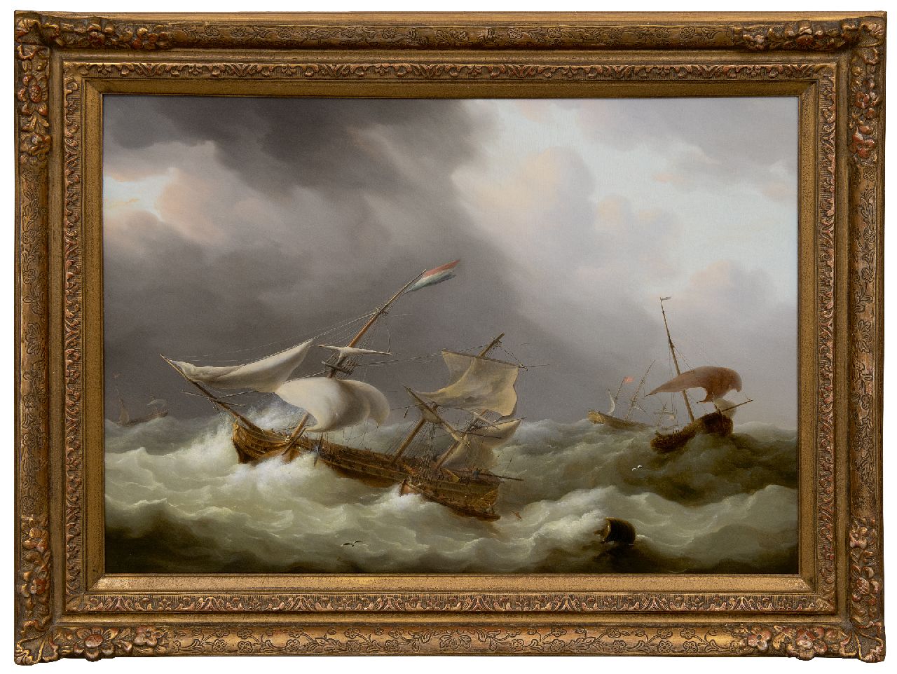 Schouman M.  | Martinus Schouman | Schilderijen te koop aangeboden | Zeilschepen in een storm, olieverf op paneel 51,1 x 71,7 cm, gesigneerd linksonder