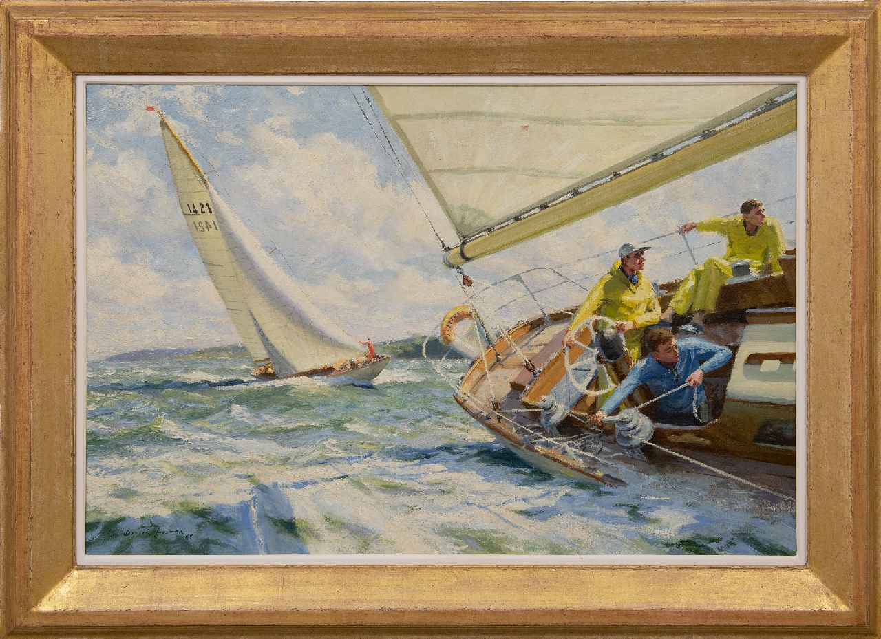 Foster D.  | Deryck Foster | Schilderijen te koop aangeboden | Op koers richting de haven, olieverf op doek op schildersboard 60,8 x 90,8 cm, gesigneerd linksonder en gedateerd '65