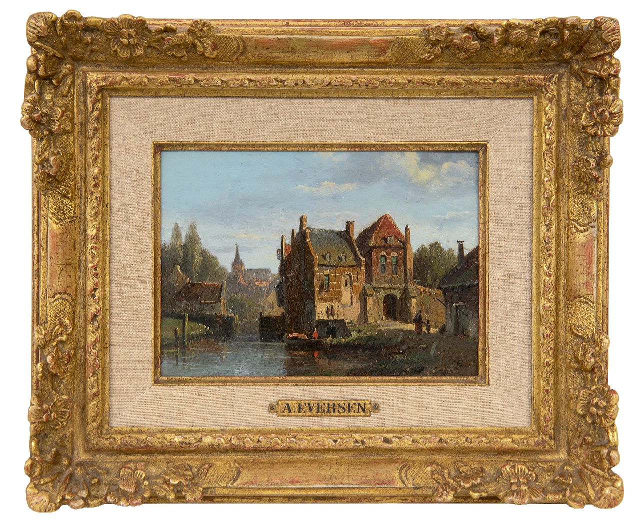 Eversen A.  | Adrianus Eversen | Schilderijen te koop aangeboden | Zonnig stadsgezicht met stadspoortje, olieverf op paneel 13,1 x 18,0 cm, gesigneerd rechtsonder met monogram