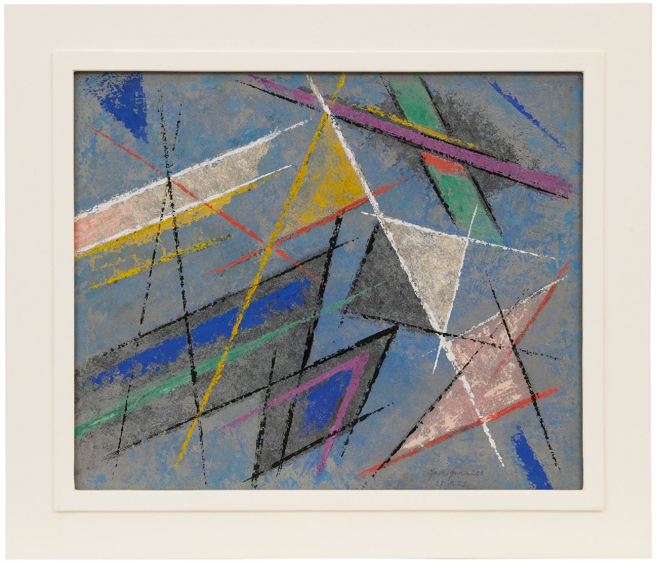 Gerrits G.J.  | Gerrit Jacobus 'Ger' Gerrits | Watercolours and drawings offered for sale | Composition with triangles, pastel and gouache on paper 42.0 x 53.0 cm, signed l.r. and dated 27.8.53.