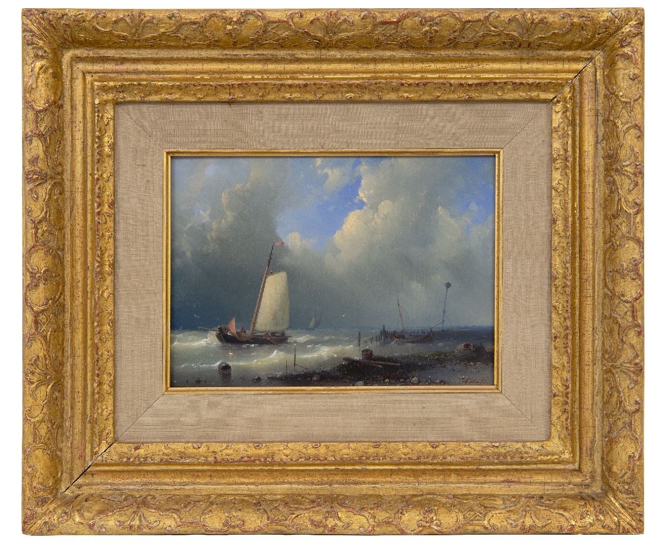 Hulk A.  | Abraham Hulk, Schip voor de haven bij zwaar weer, olieverf op paneel 14,5 x 20,2 cm, gesigneerd rechtsonder