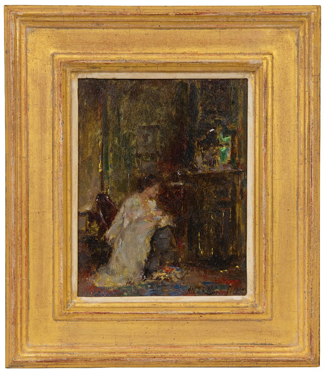Roelofs O.W.A.  | Otto Willem Albertus 'Albert' Roelofs | Paintings offered for sale | Woman in an interior, oil on panel 17.8 x 13.8 cm, signed l.r. and dated 1914