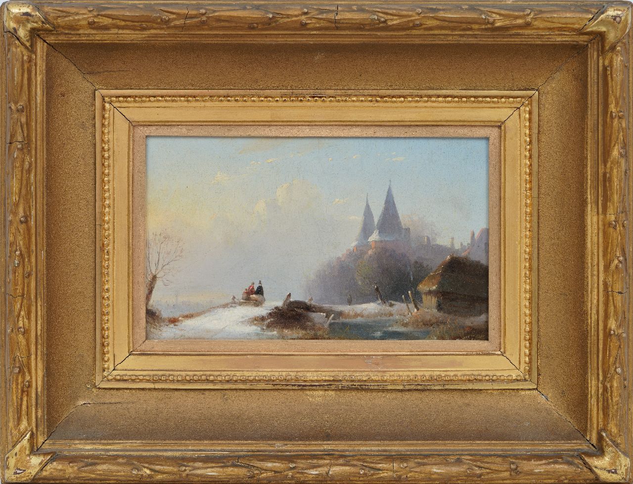 Wayen Pieterszen A. van der | Abraham van der Wayen Pieterszen, City gate in snowy landscape, oil on panel 14.3 x 22.4 cm, gesigneerd monogram AW