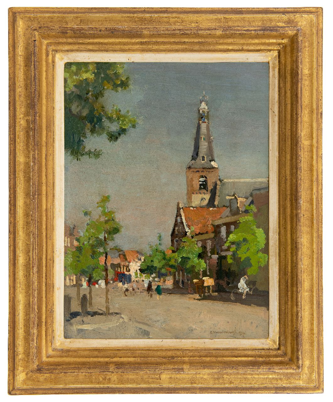 Vreedenburgh C.  | Cornelis Vreedenburgh | Schilderijen te koop aangeboden | Gezicht op Weesp met de toren van de Laurenskerk, olieverf op paneel 28,5 x 21,3 cm, gesigneerd rechtsonder en gedateerd 1934