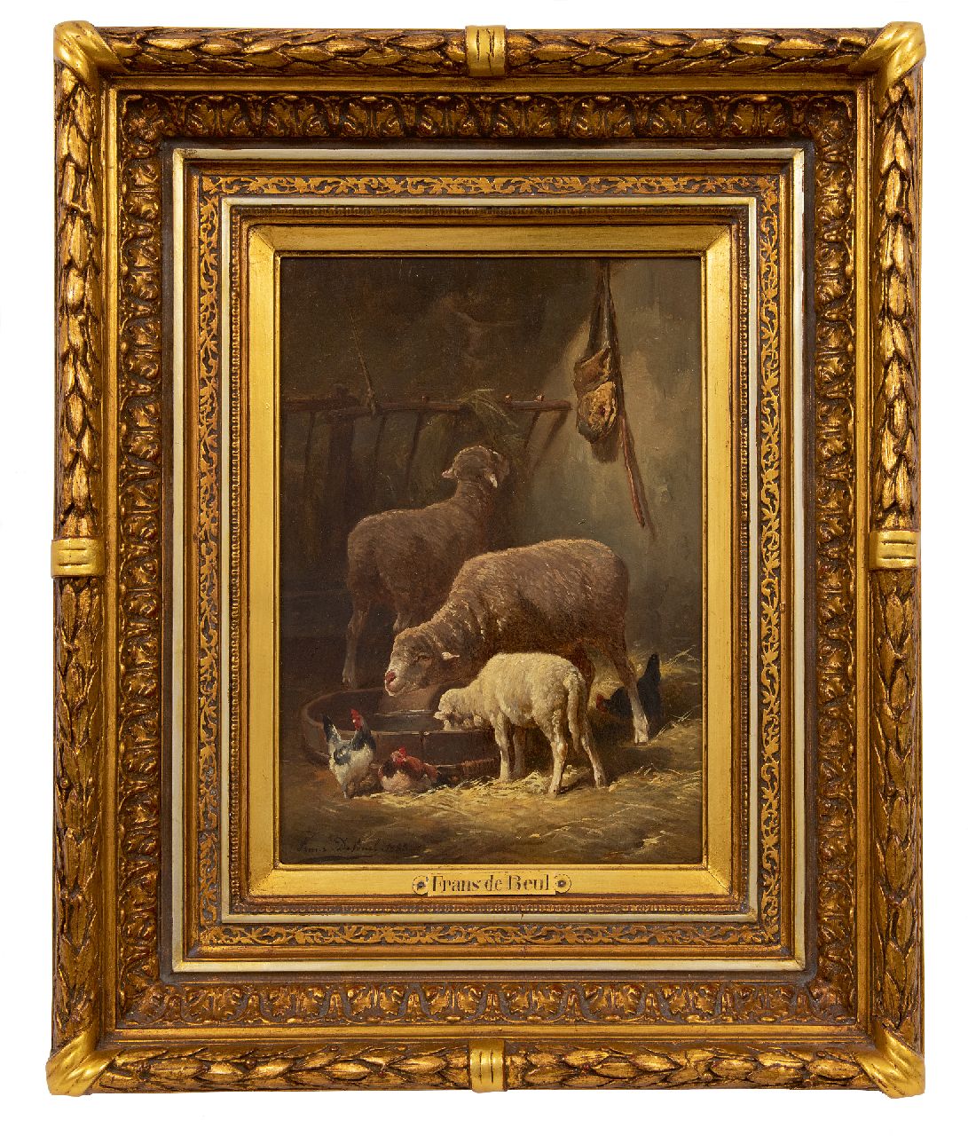 Beul F. de | Frans de Beul, Schapen in de stal  (alleen tezamen), olieverf op paneel 34,3 x 23,2 cm, gesigneerd linksonder en gedateerd 1883