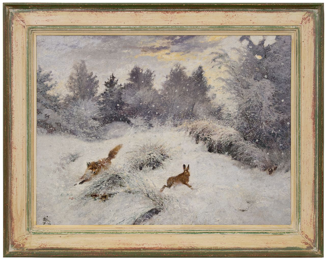 Poortvliet R.  | Rien Poortvliet, Hunting fox in a snowy landscape, oil on canvas 60.4 x 79.9 cm, signed l.l. and without frame